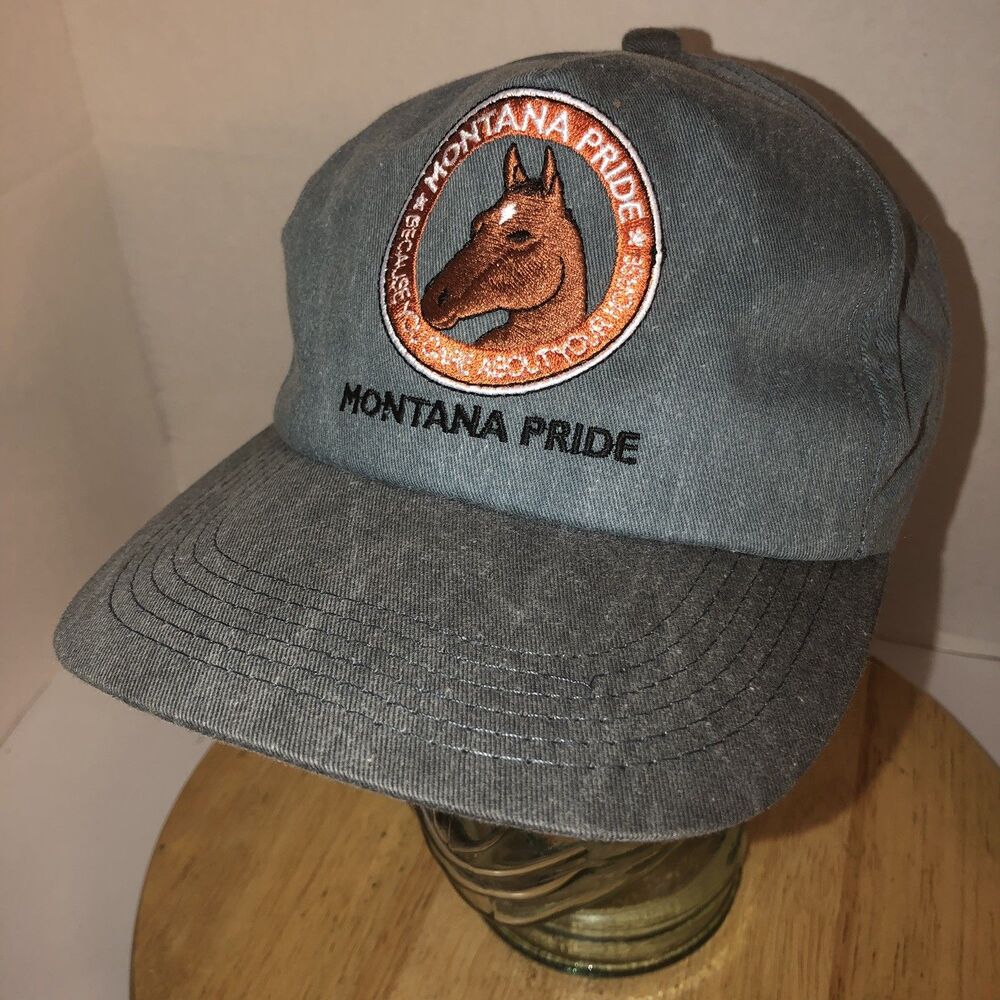 Vintage 80s MONTANA PRIDE K-Products USA Gray Hat Cap Snapback Horses Farming